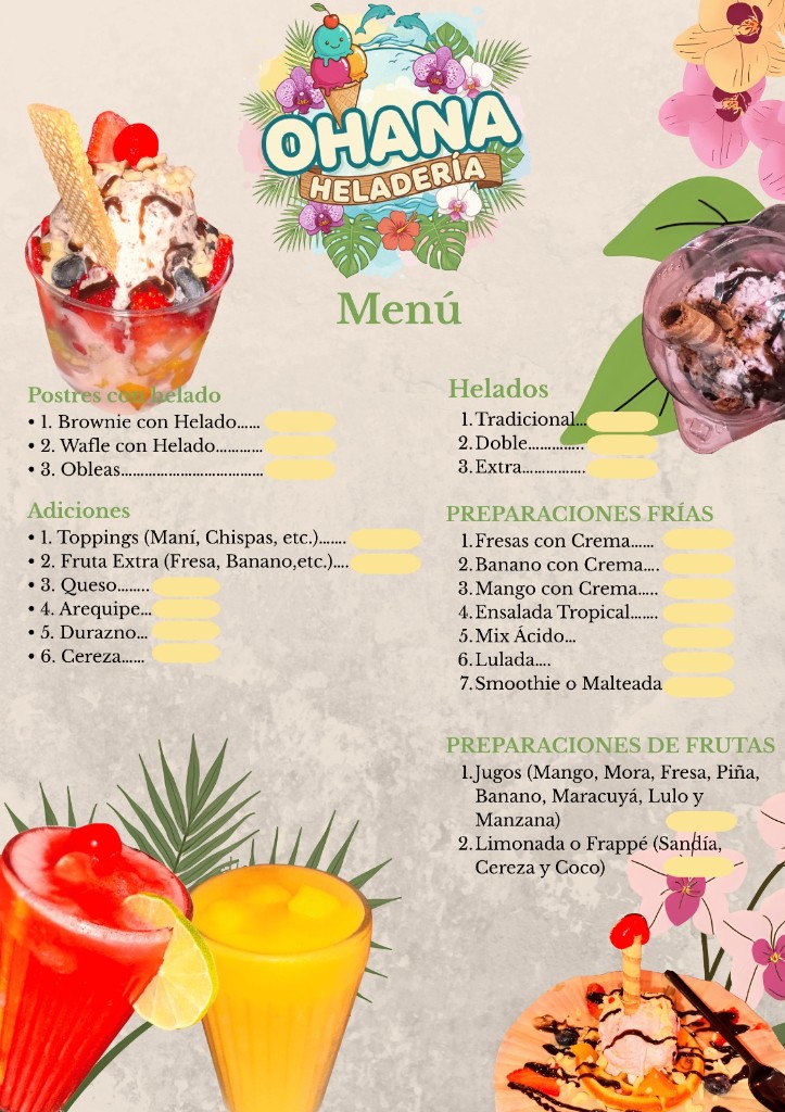 Menú impreso de Ohana Heladería con categorías de postres, helados y preparaciones de fruta